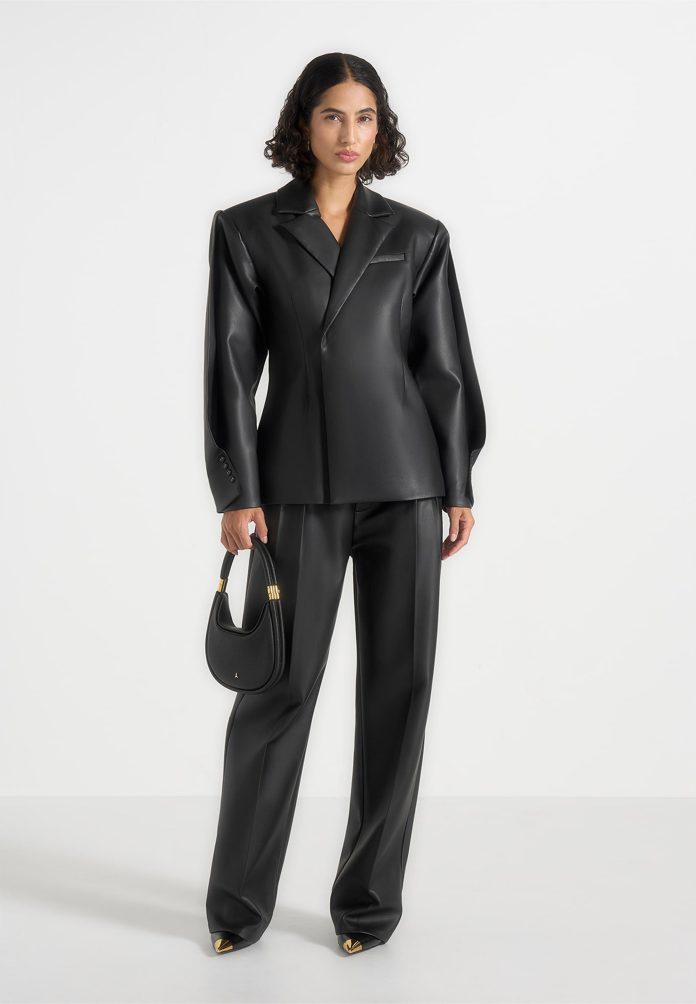 Marie - Twist Sleeve Leather Blazer with Belt - Black