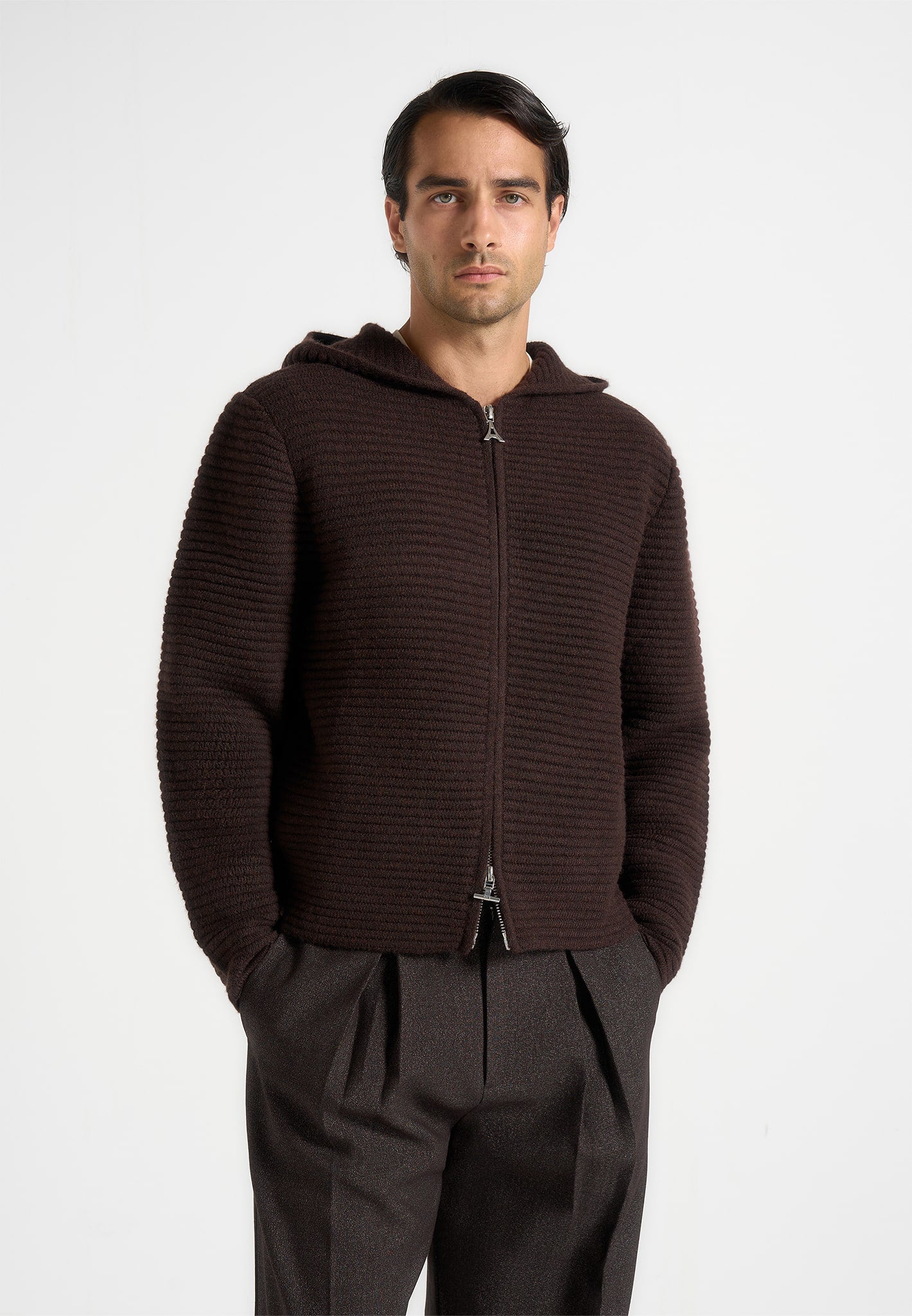 Eden - Unisex Ribbed Knit Zip Up Hoodie - Brown 