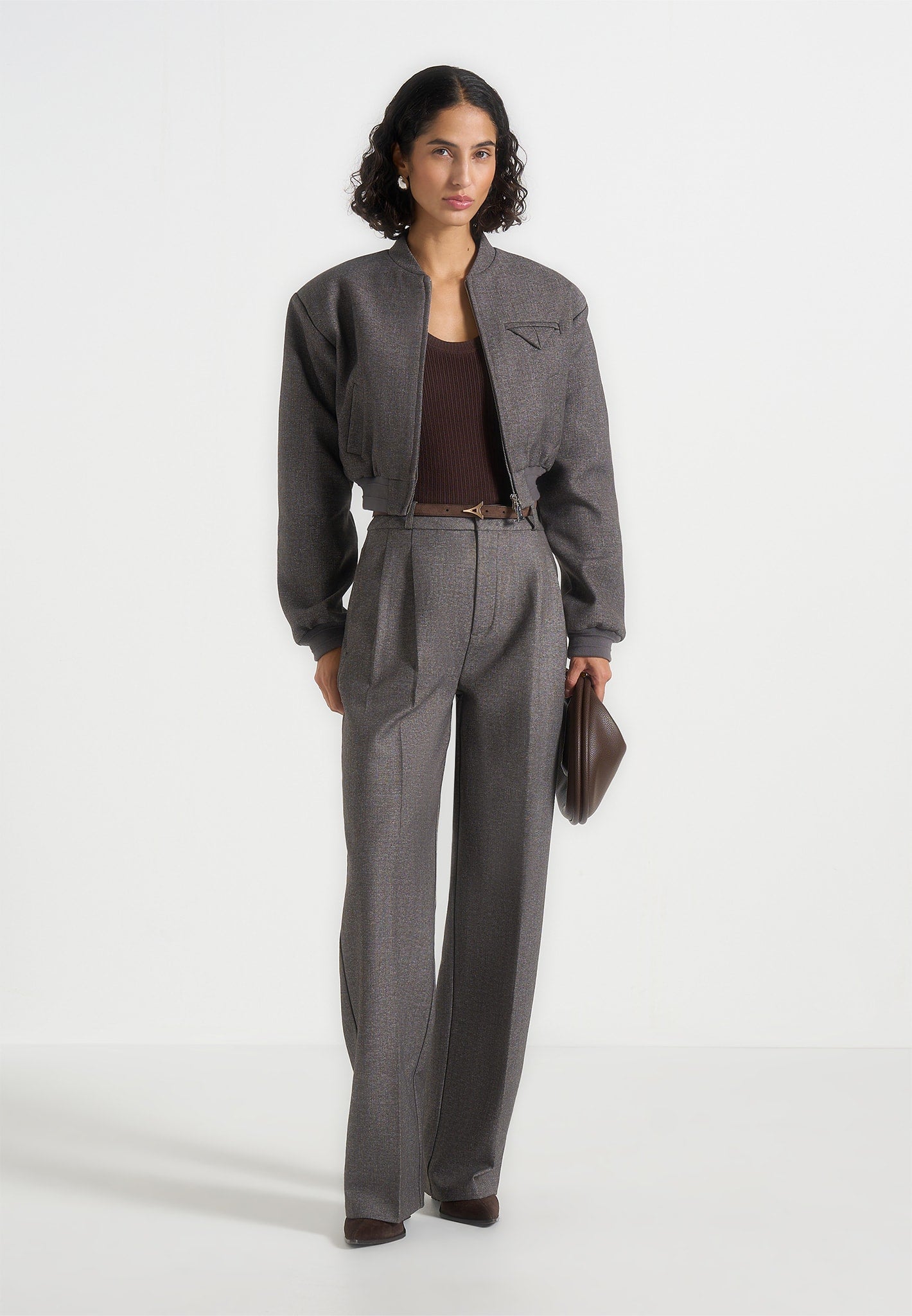 Monique - Tailored Wide Shoulder Bomber Jacket - Grey Speckle
