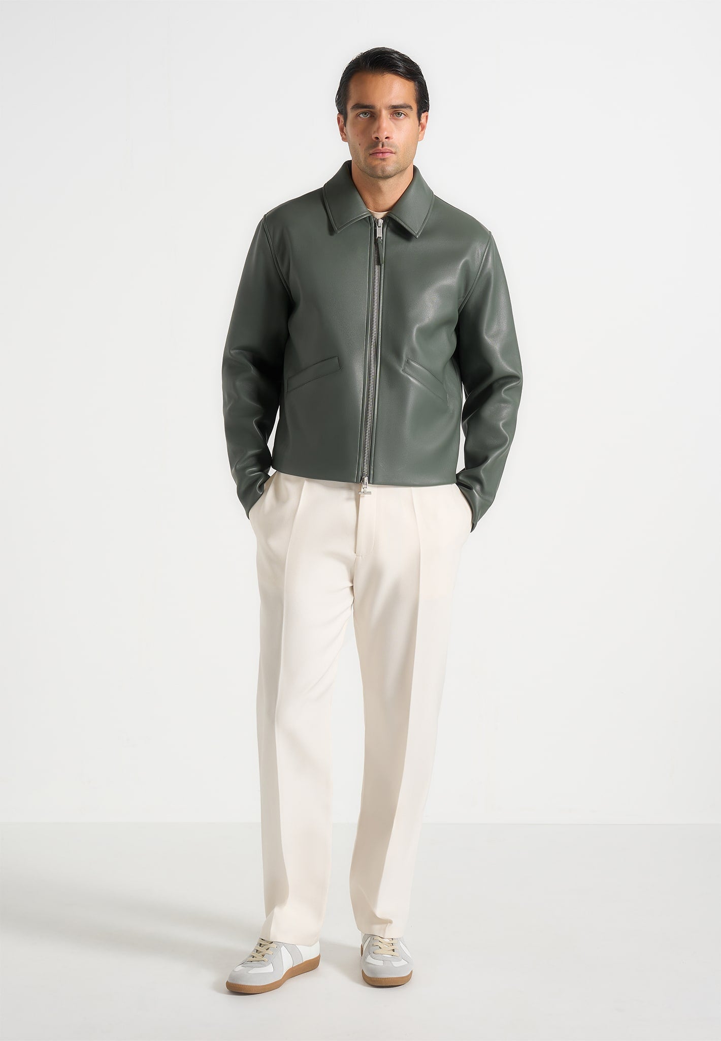Yves - Minimal Leather Jacket - Olive 