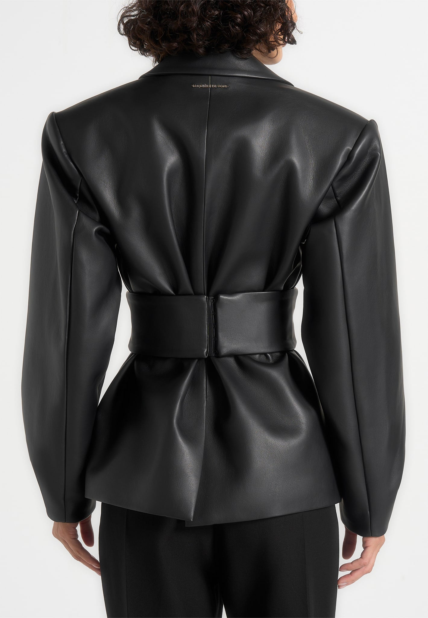 Marie - Twist Sleeve Leather Blazer with Belt - Black