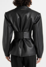 Marie - Twist Sleeve Leather Blazer with Belt - Black
