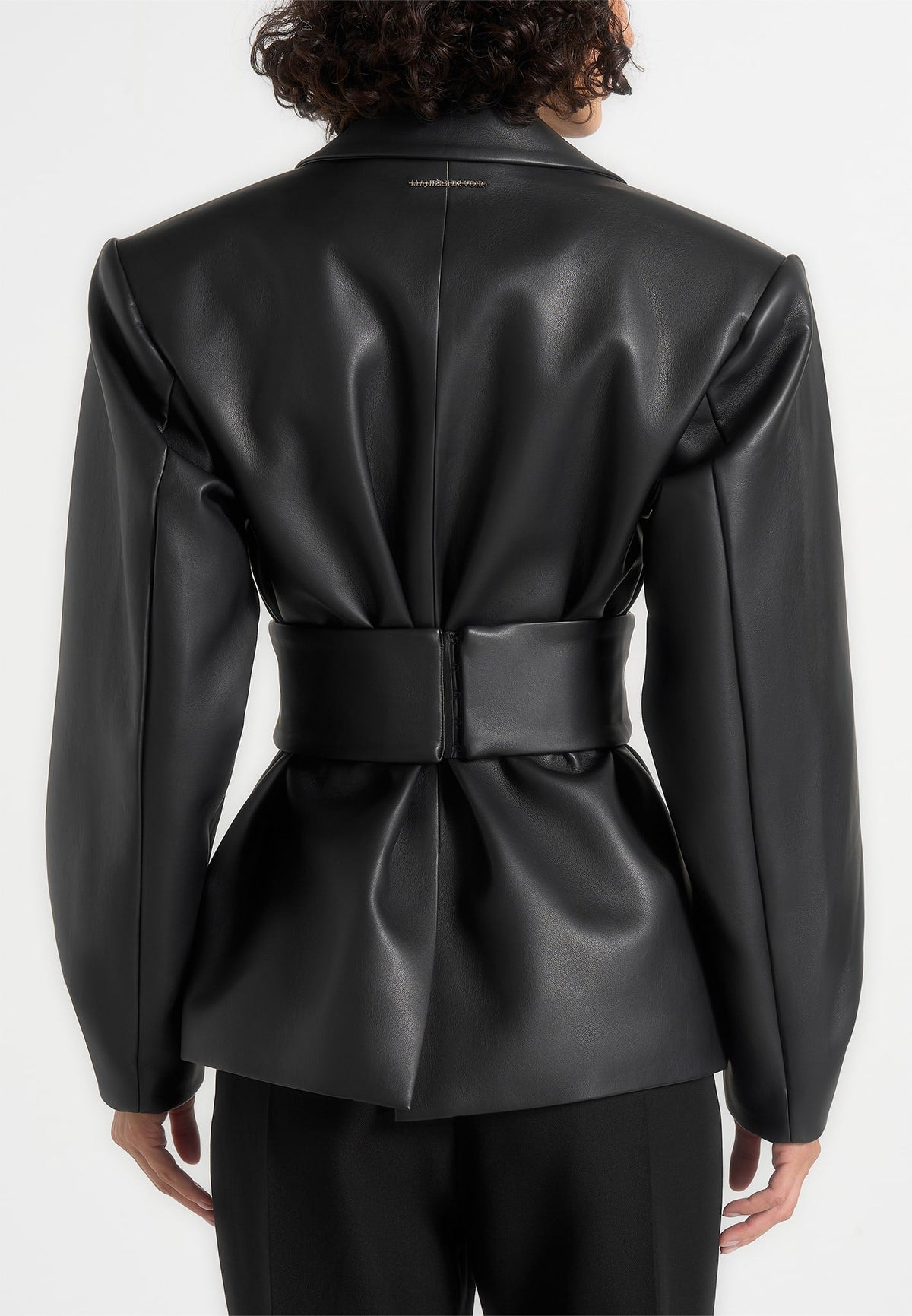 marie-twist-sleeve-leather-blazer-with-belt-black