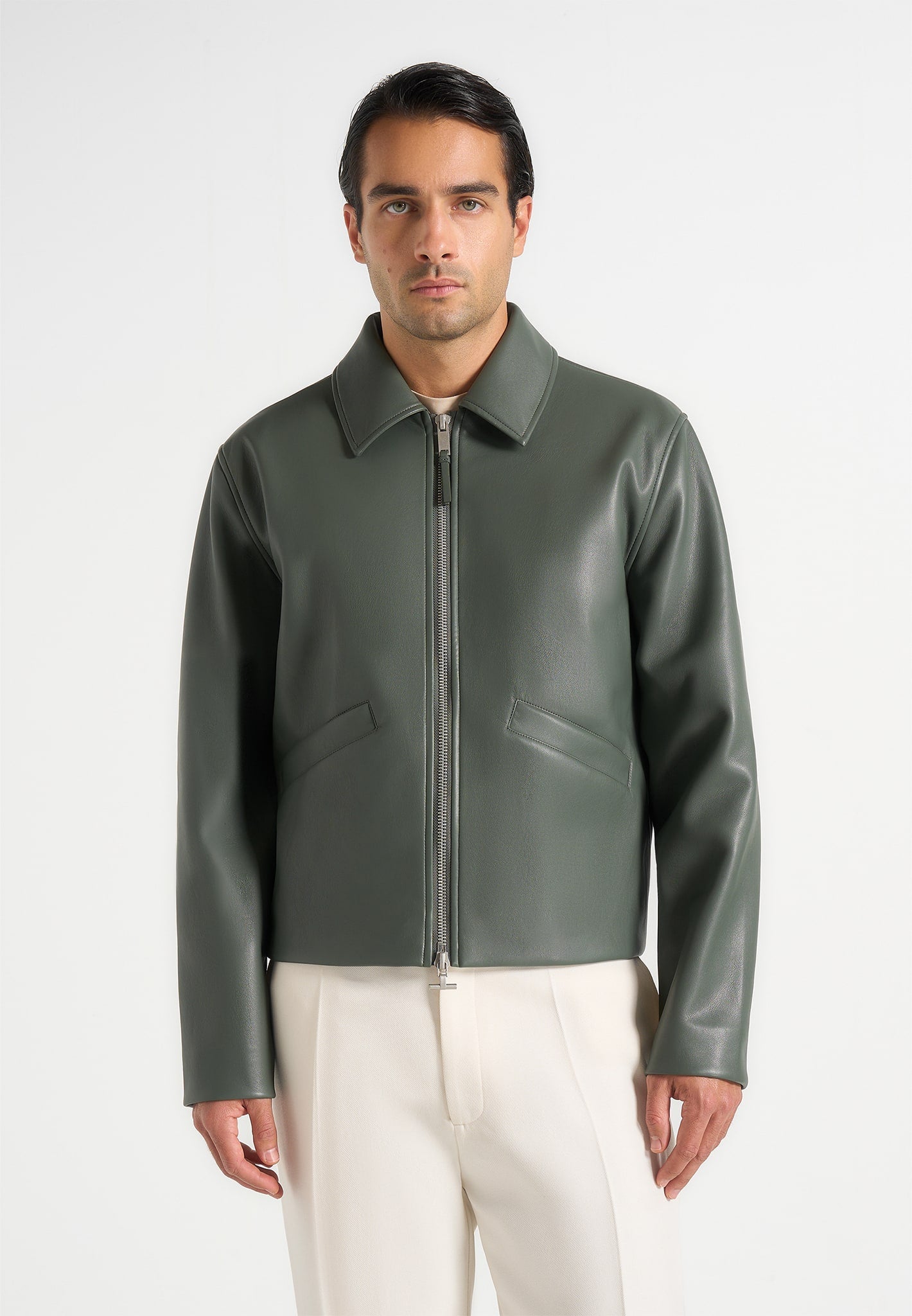 Yves - Minimal Leather Jacket - Olive 