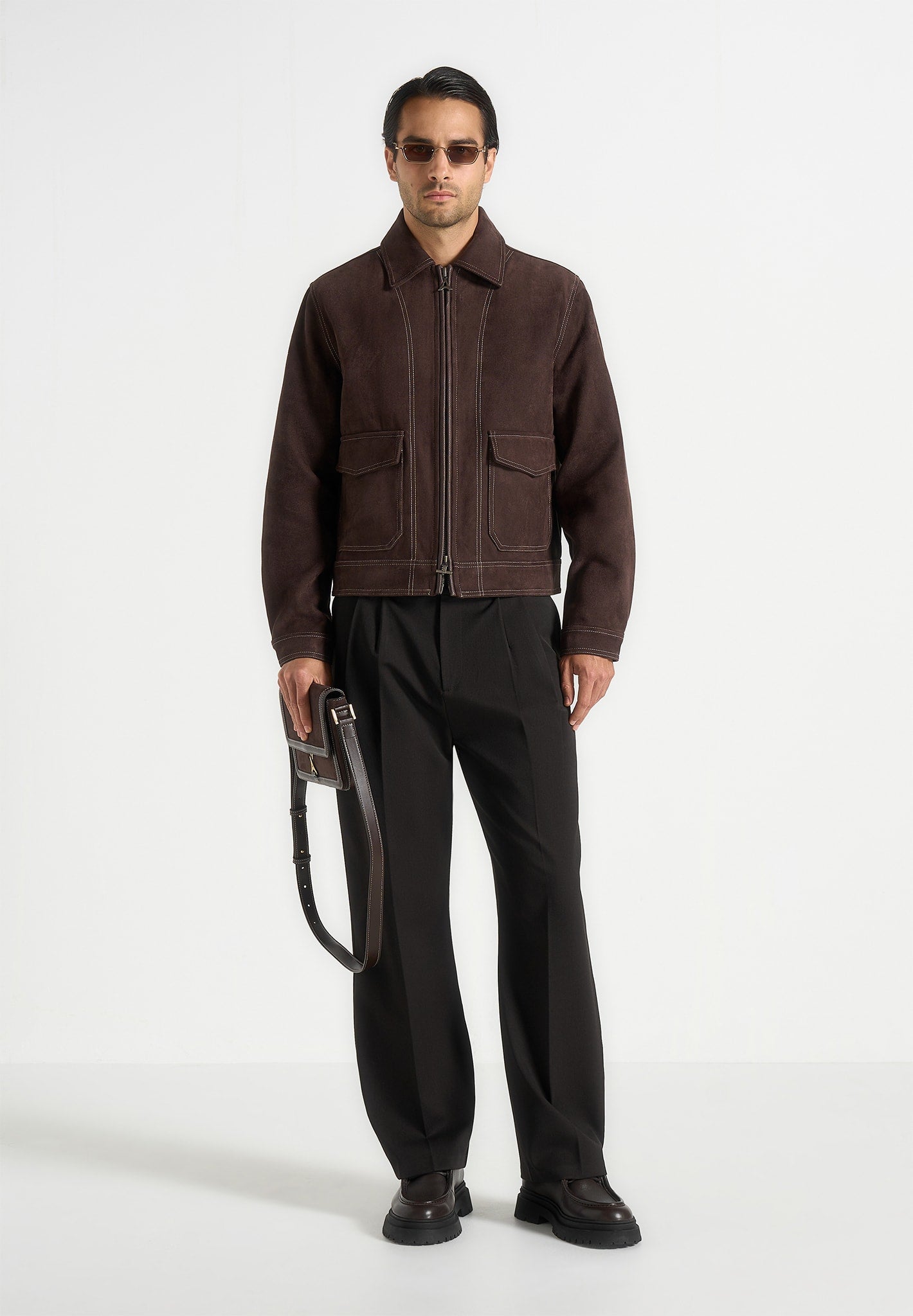 Vince - Suede Contrast Stitch Jacket - Brown 