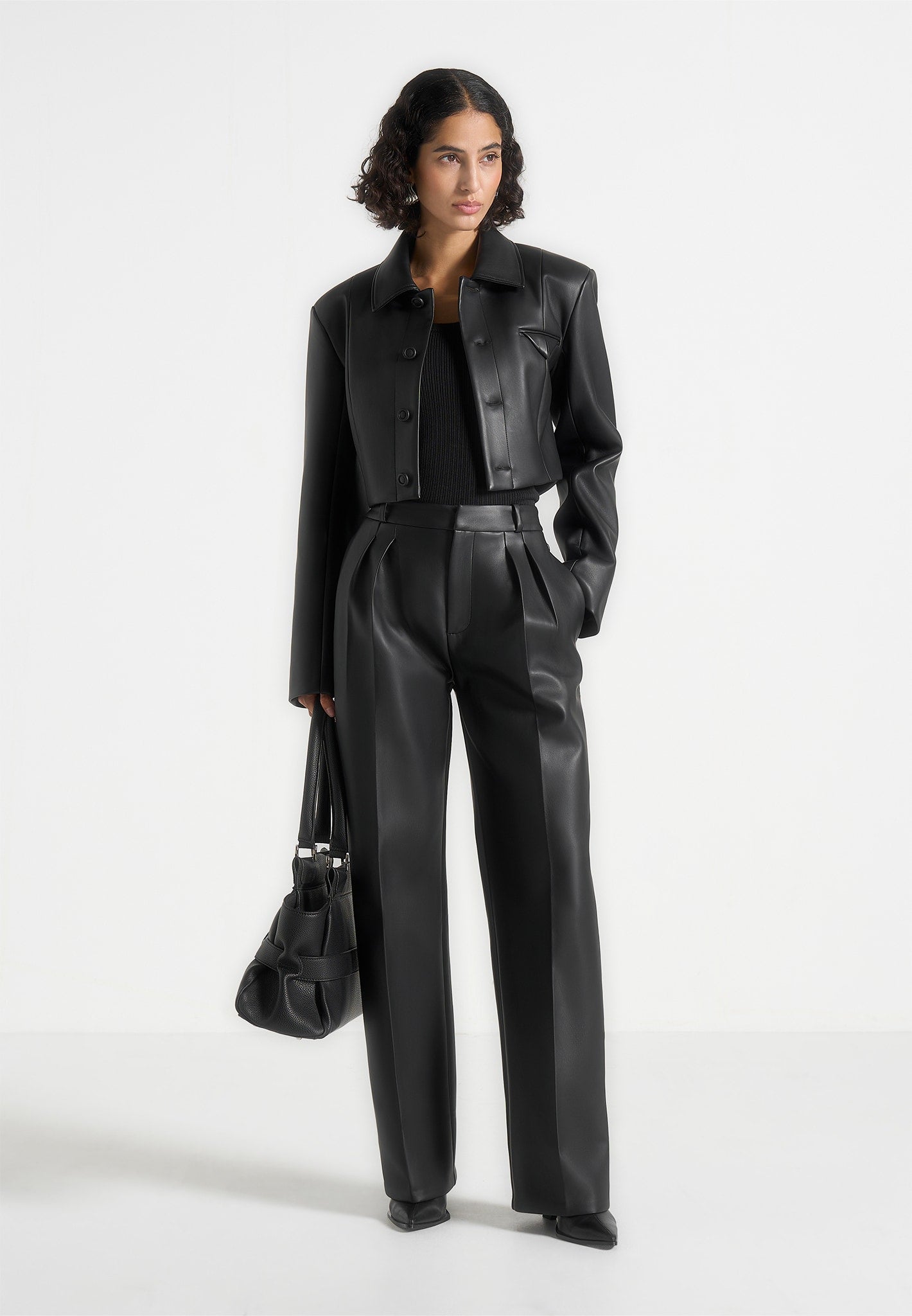 Ania - Wide Shoulder Leather Jacket - Black 