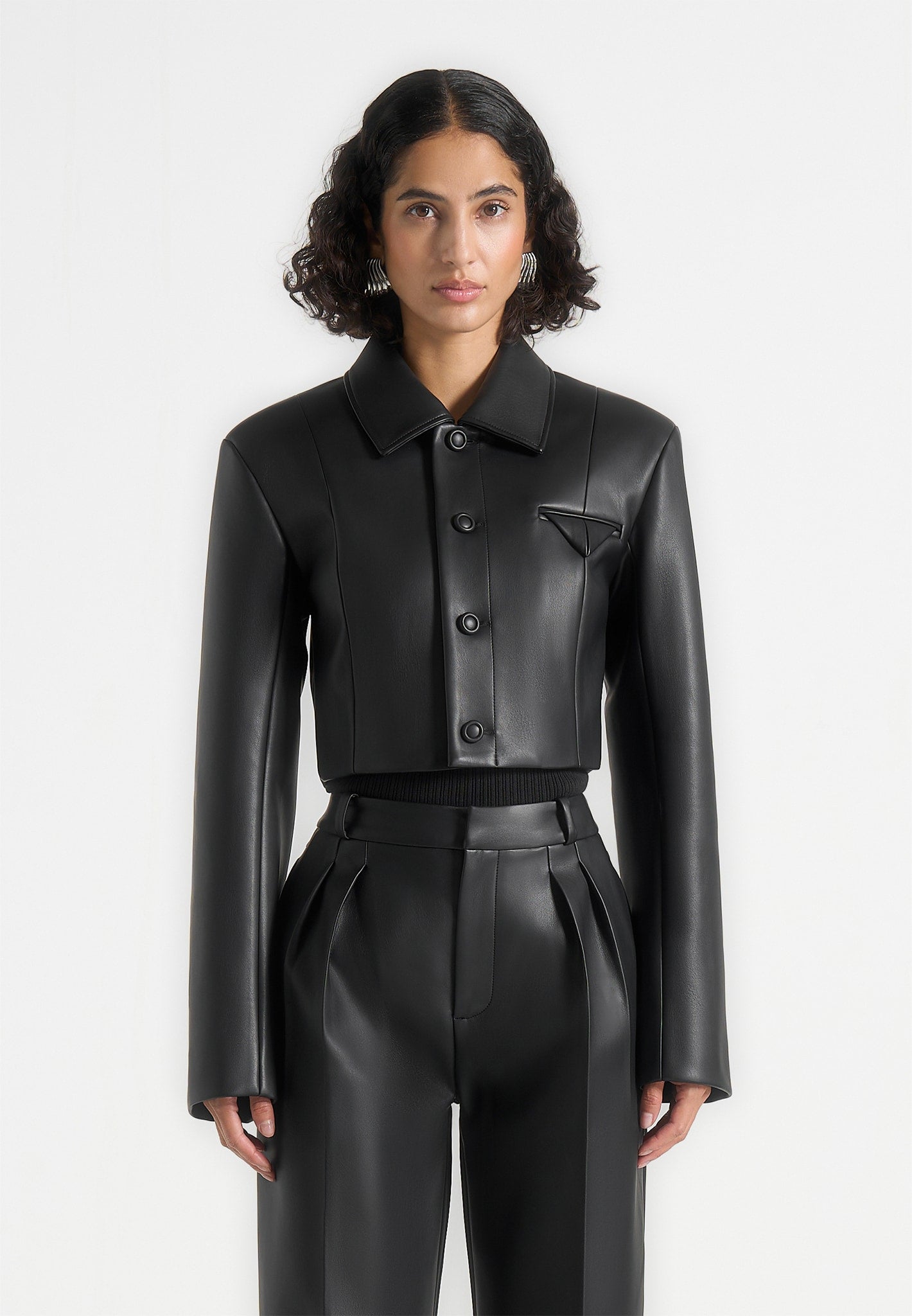 Ania - Wide Shoulder Leather Jacket - Black