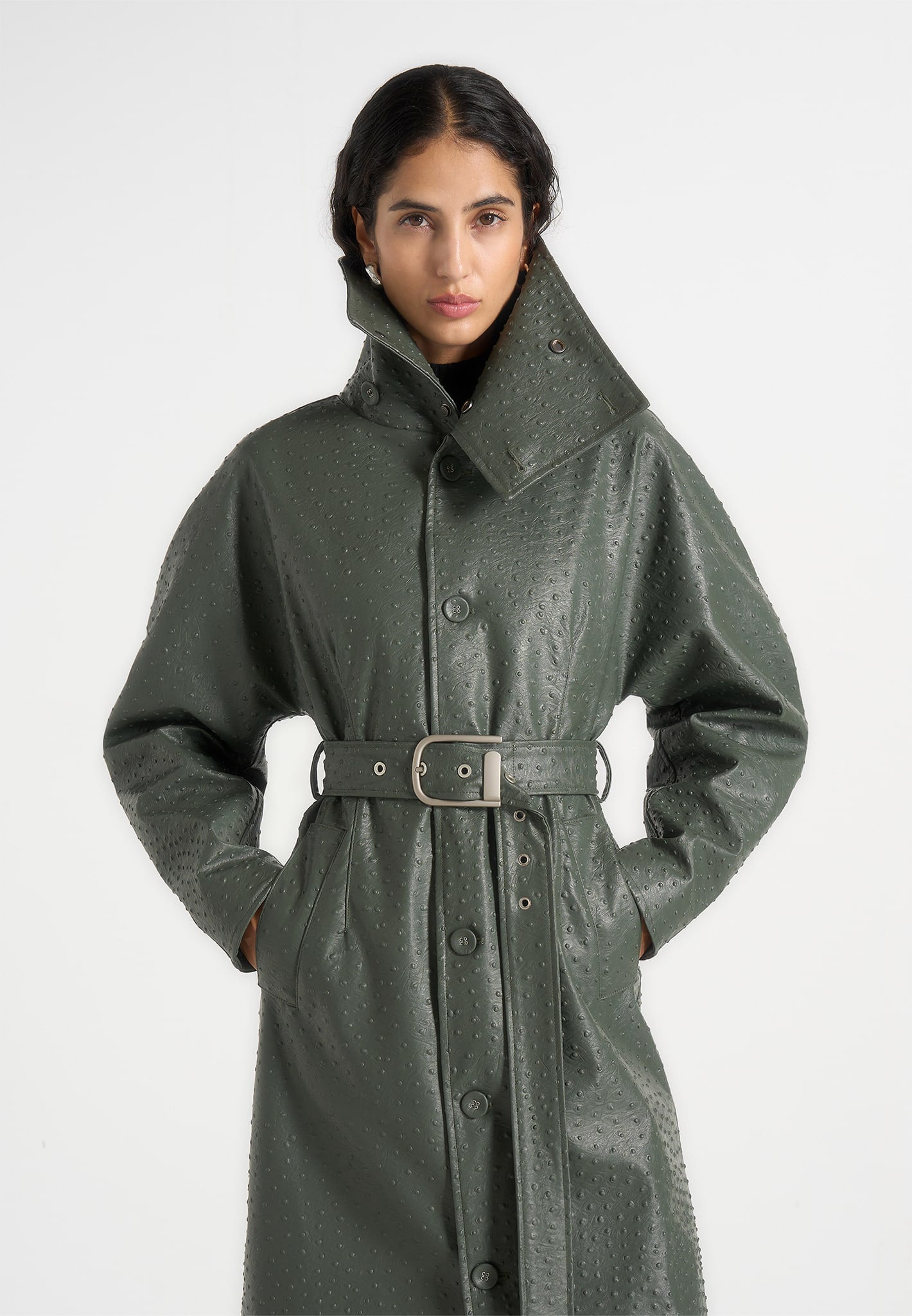 Leyna - Ostrich Hourglass Belted Coat - Olive 