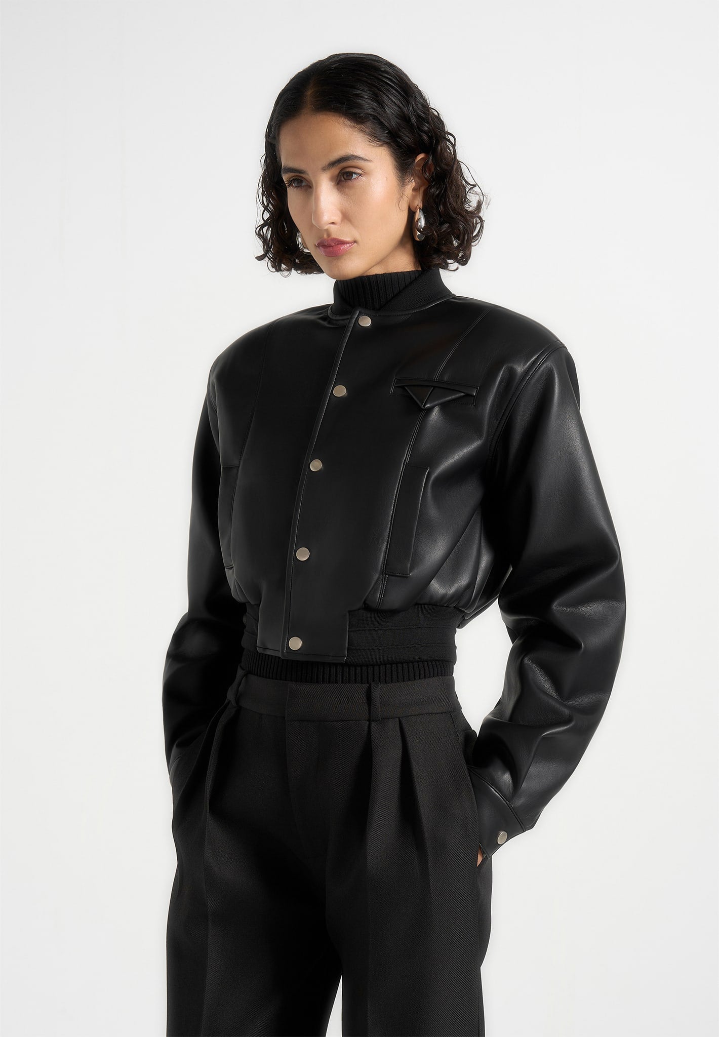 Zina - Leather Wide Shoulder Bomber Jacket - Black 