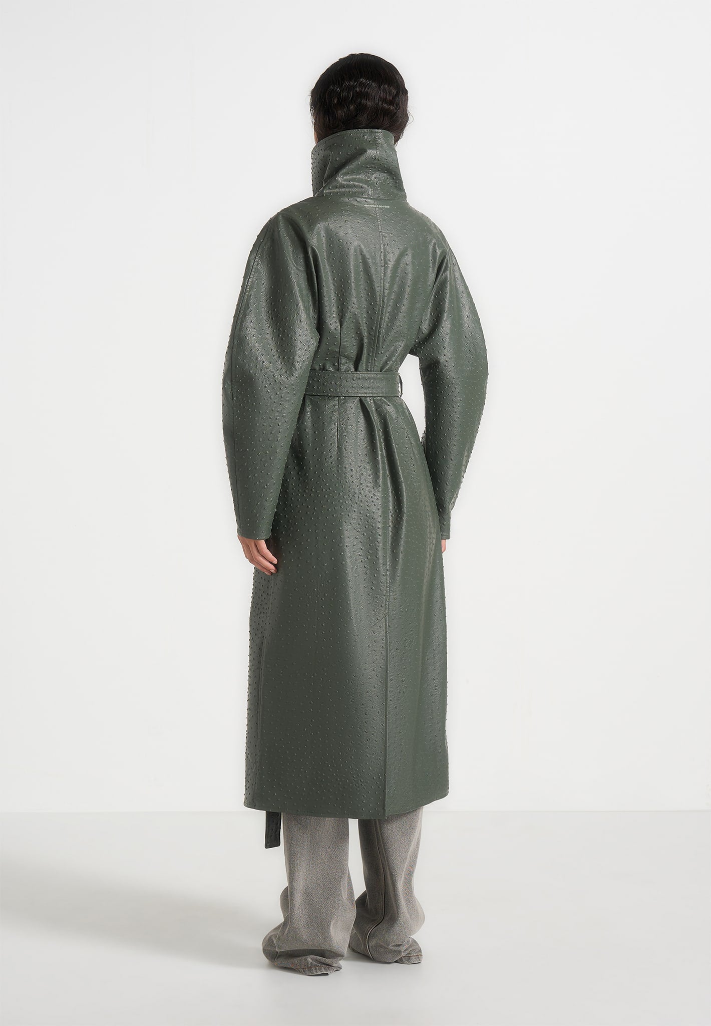 Leyna - Ostrich Hourglass Belted Coat - Olive