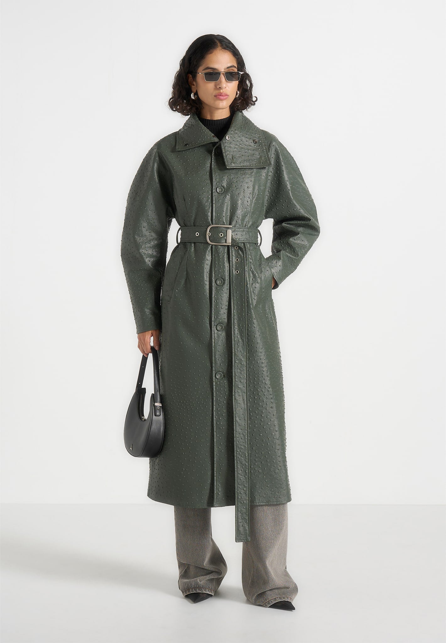Leyna - Ostrich Hourglass Belted Coat - Olive 