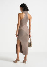 Belina - Halter Neck Knitted Maxi Dress With Chain - Taupe