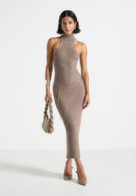 Belina - Halter Neck Knitted Maxi Dress With Chain - Taupe