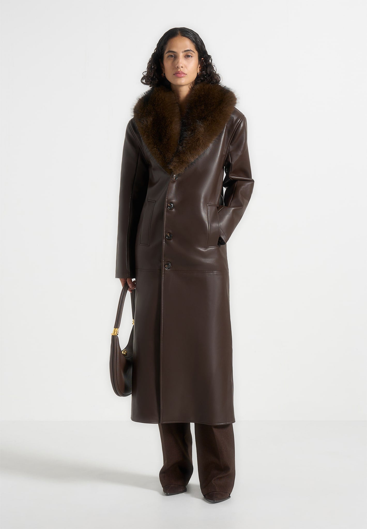 Cenya - Fur Collar Belted Leather Coat - Brown