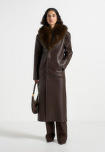 Cenya - Fur Collar Belted Leather Coat - Brown