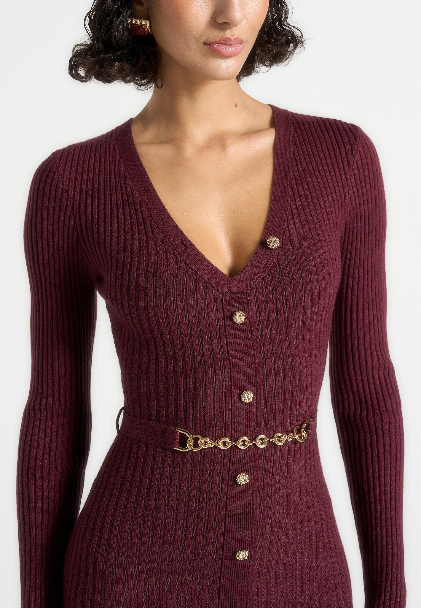 Assia - Long Sleeve Knitted Midaxi Dress With Belt - Wine Red 