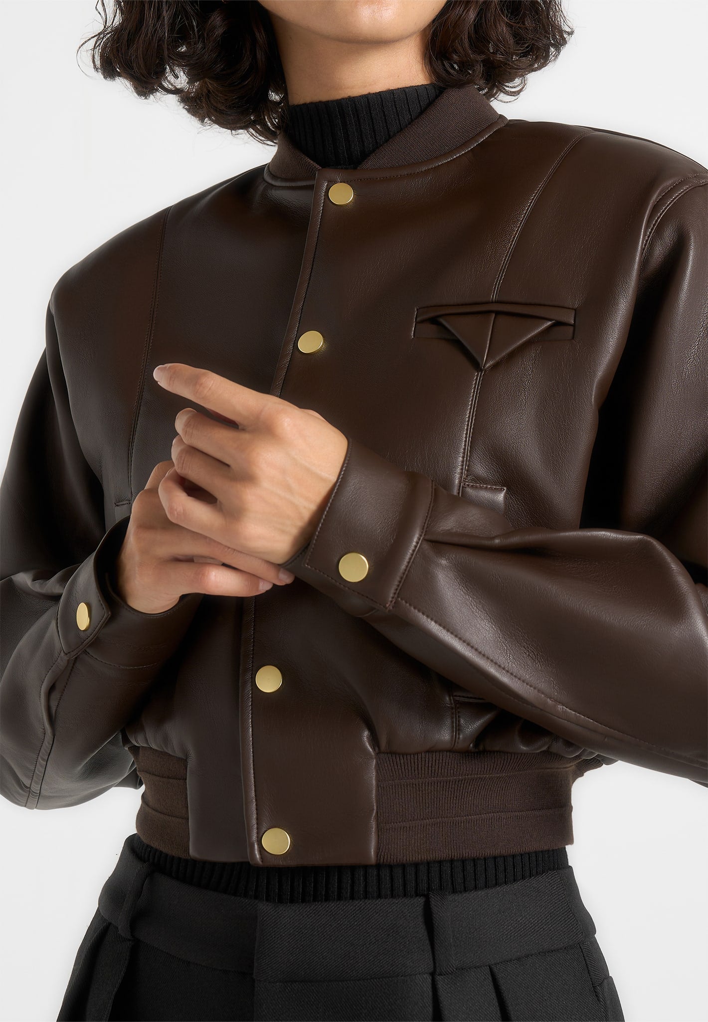 Zina - Leather Wide Shoulder Bomber Jacket - Brown 