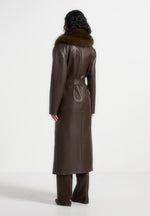 Cenya - Fur Collar Belted Leather Coat - Brown