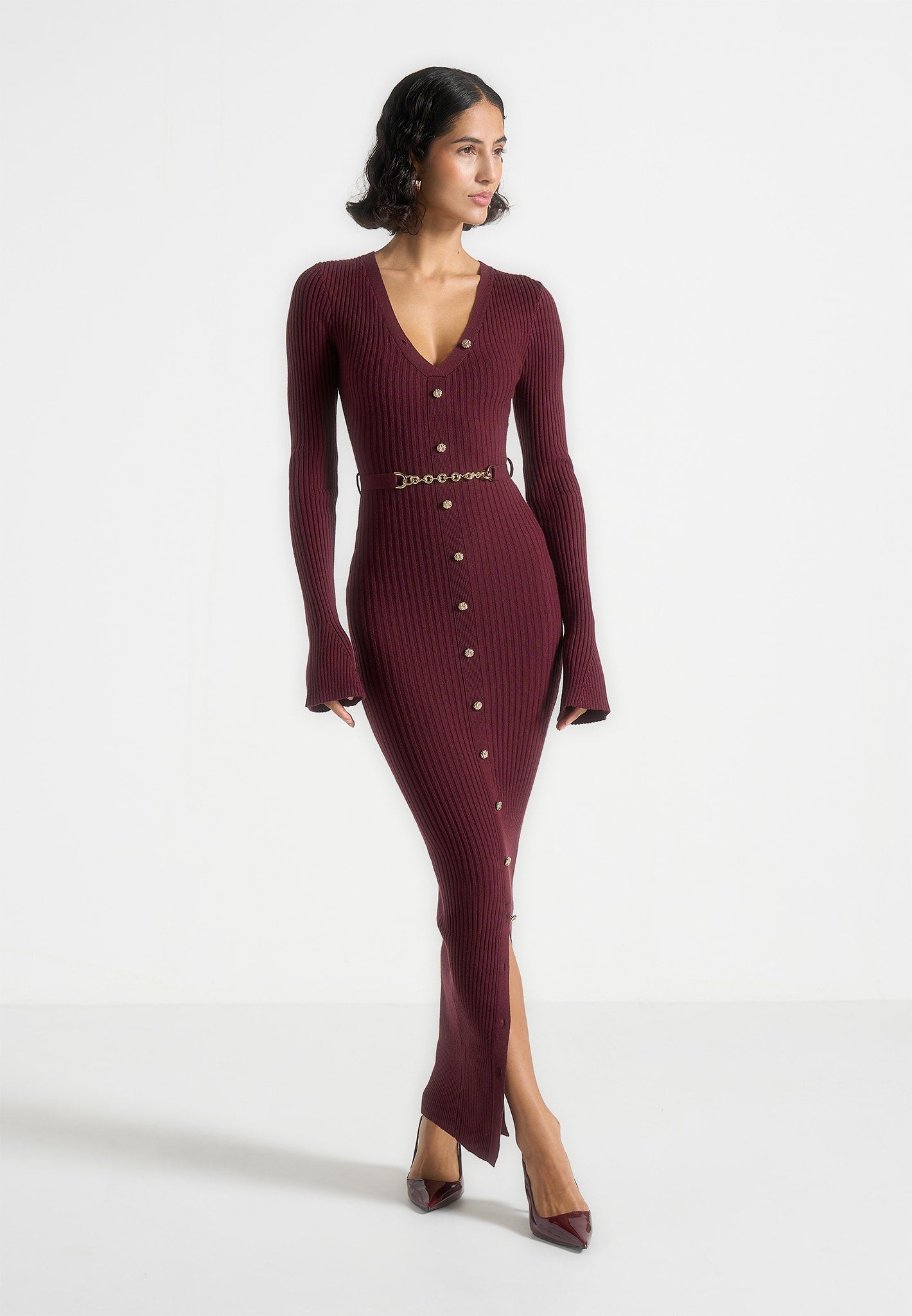 Assia - Long Sleeve Knitted Midaxi Dress With Belt - Wine Red 