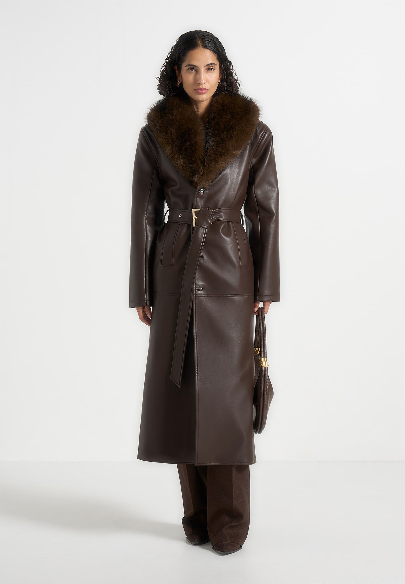 Cenya - Fur Collar Belted Leather Coat - Brown 