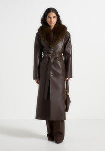 Cenya - Fur Collar Belted Leather Coat - Brown