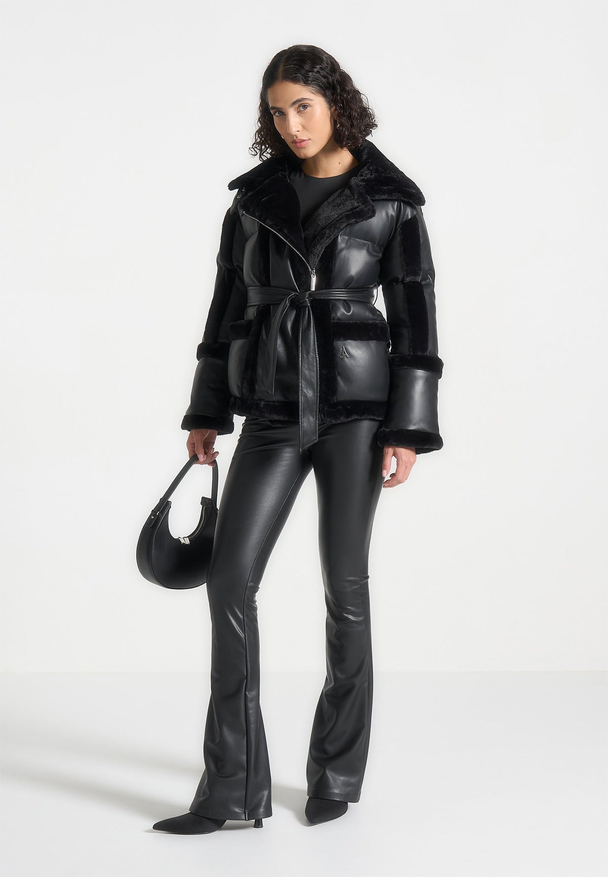 Blair - Leather and Plush Puffer Biker Jacket - Black