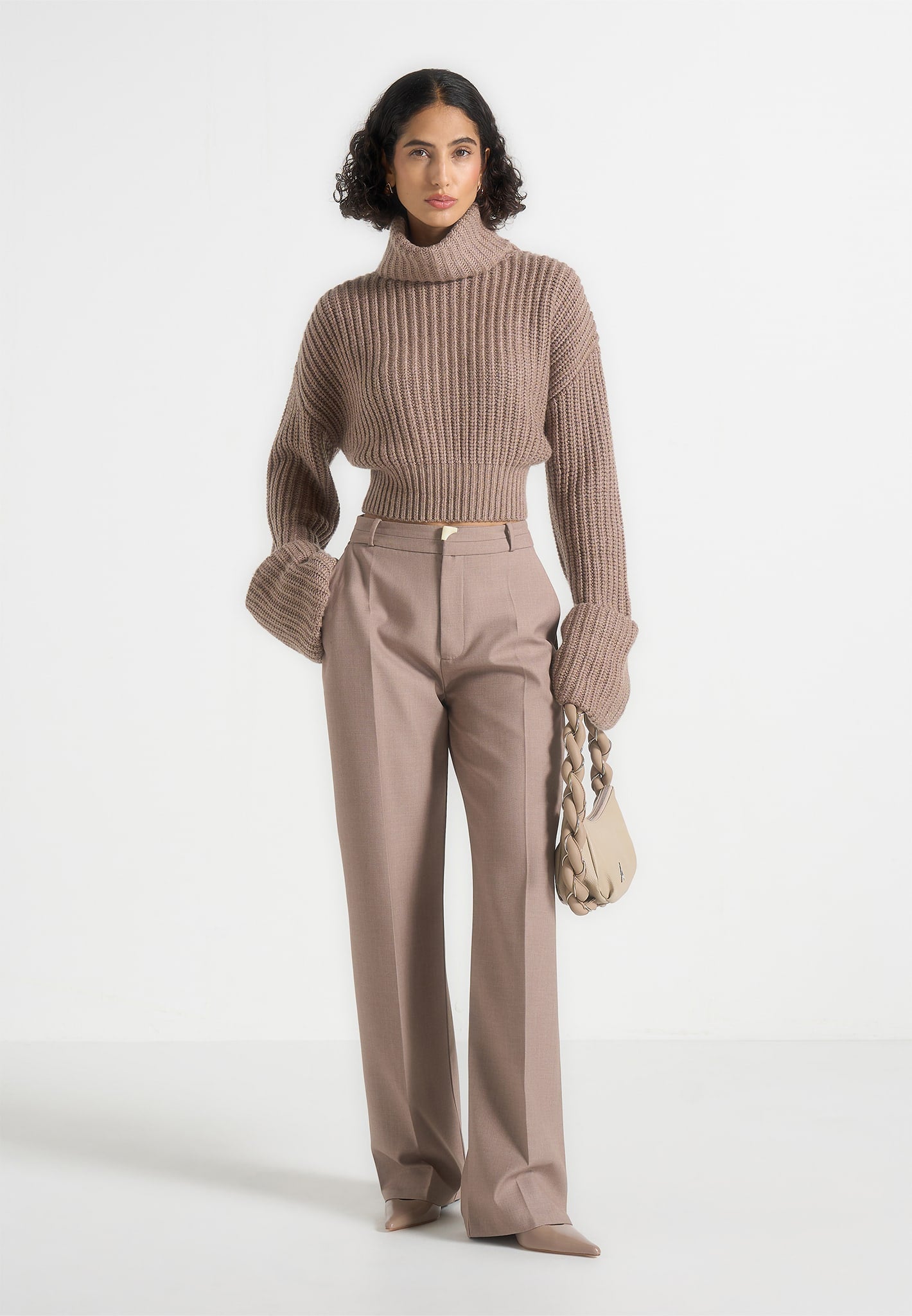 Amaya - Roll Neck Knit Jumper With Cuffs - Taupe 