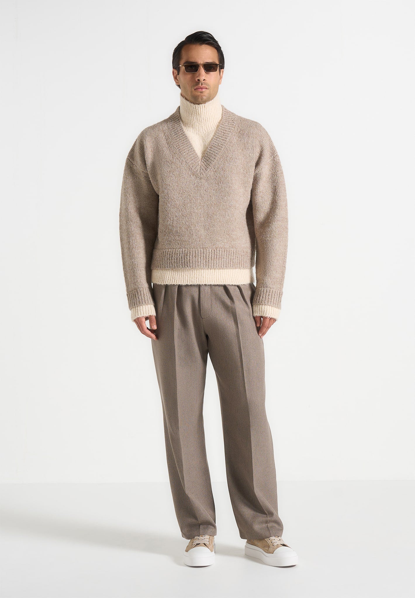 Jacques - Unisex Double Layer V-Neck Knit Jumper - Beige/Cream 