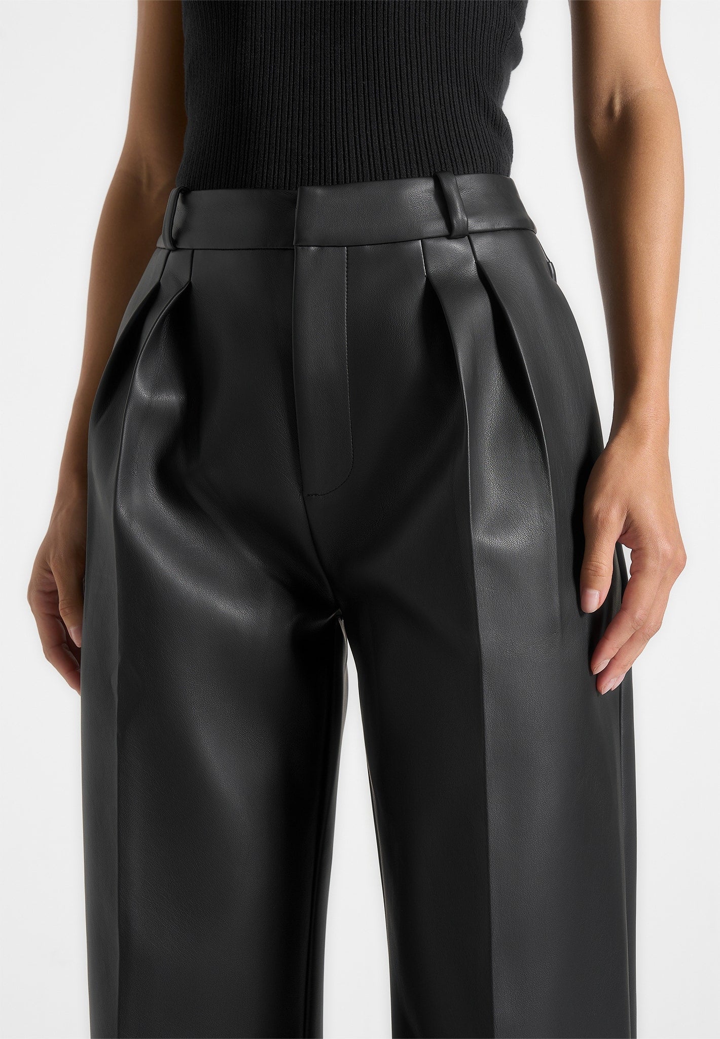 Julie - Leather Twin Pleat Trousers - Black