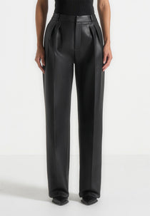 Julie - Leather Twin Pleat Trousers - Black