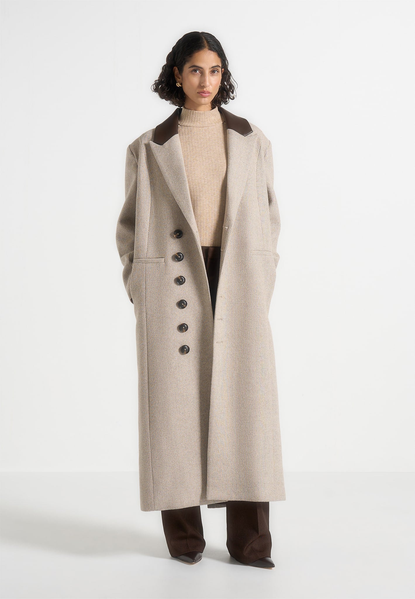 Anissa - Herringbone Wool Oversized Coat with Leather Belt - Beige