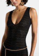 Myriam - Pointelle Plunge Midaxi Dress With Chain - Black