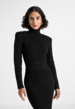 Hana - Wide Shoulder Knit Dress With Waist Tie - Black