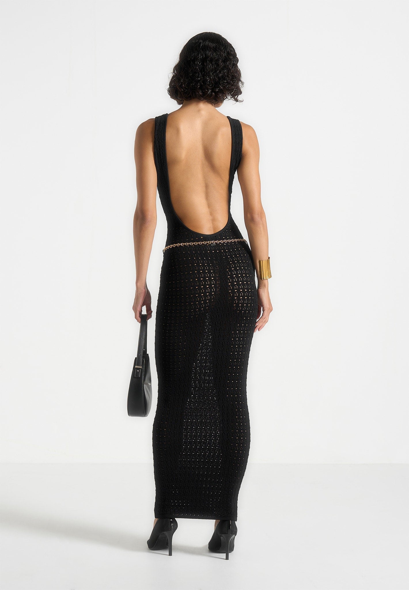 Myriam - Pointelle Plunge Midaxi Dress With Chain - Black