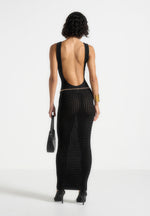 Myriam - Pointelle Plunge Midaxi Dress With Chain - Black