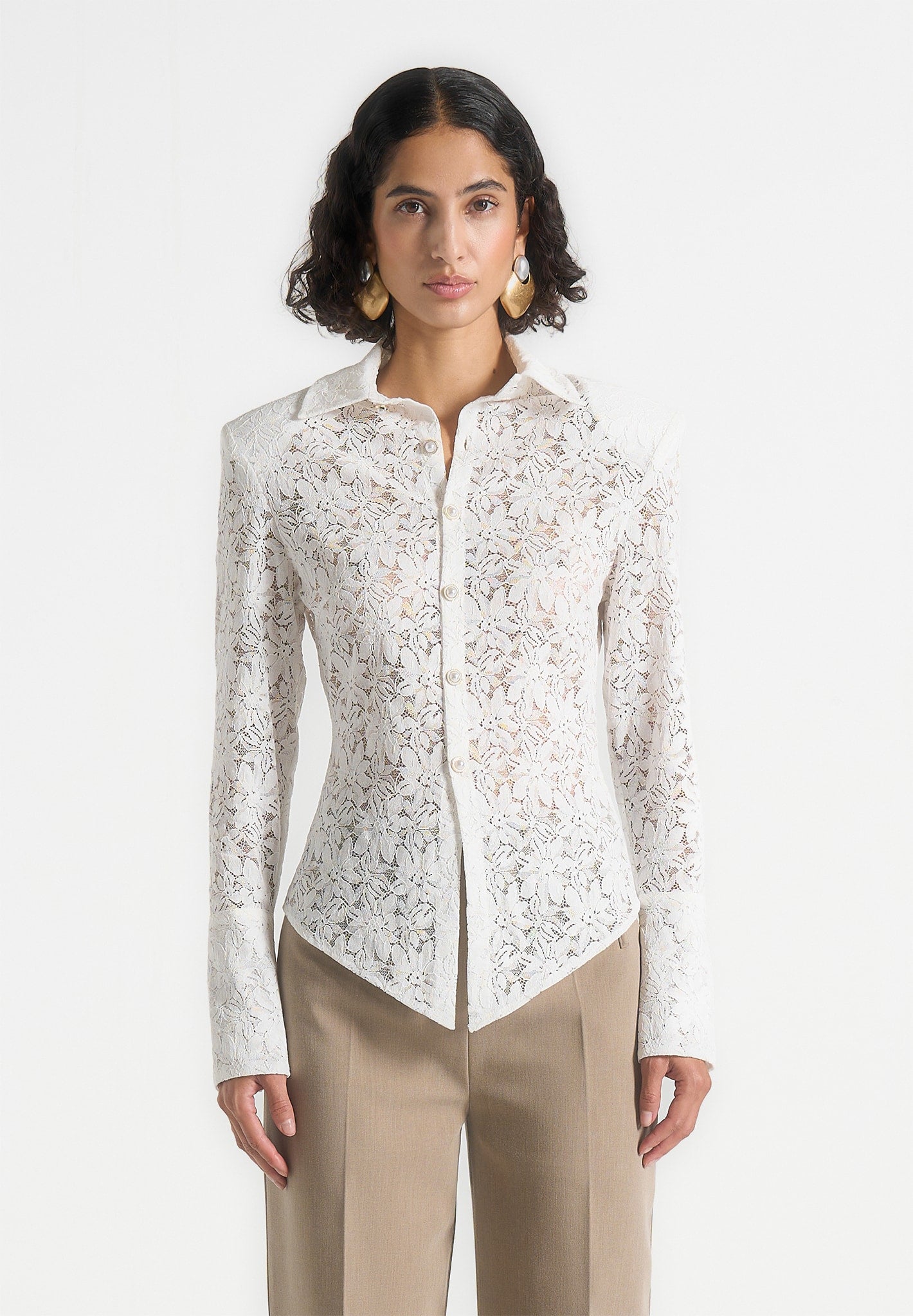 Sila -  Wide Shoulder Lace Angled Shirt - White