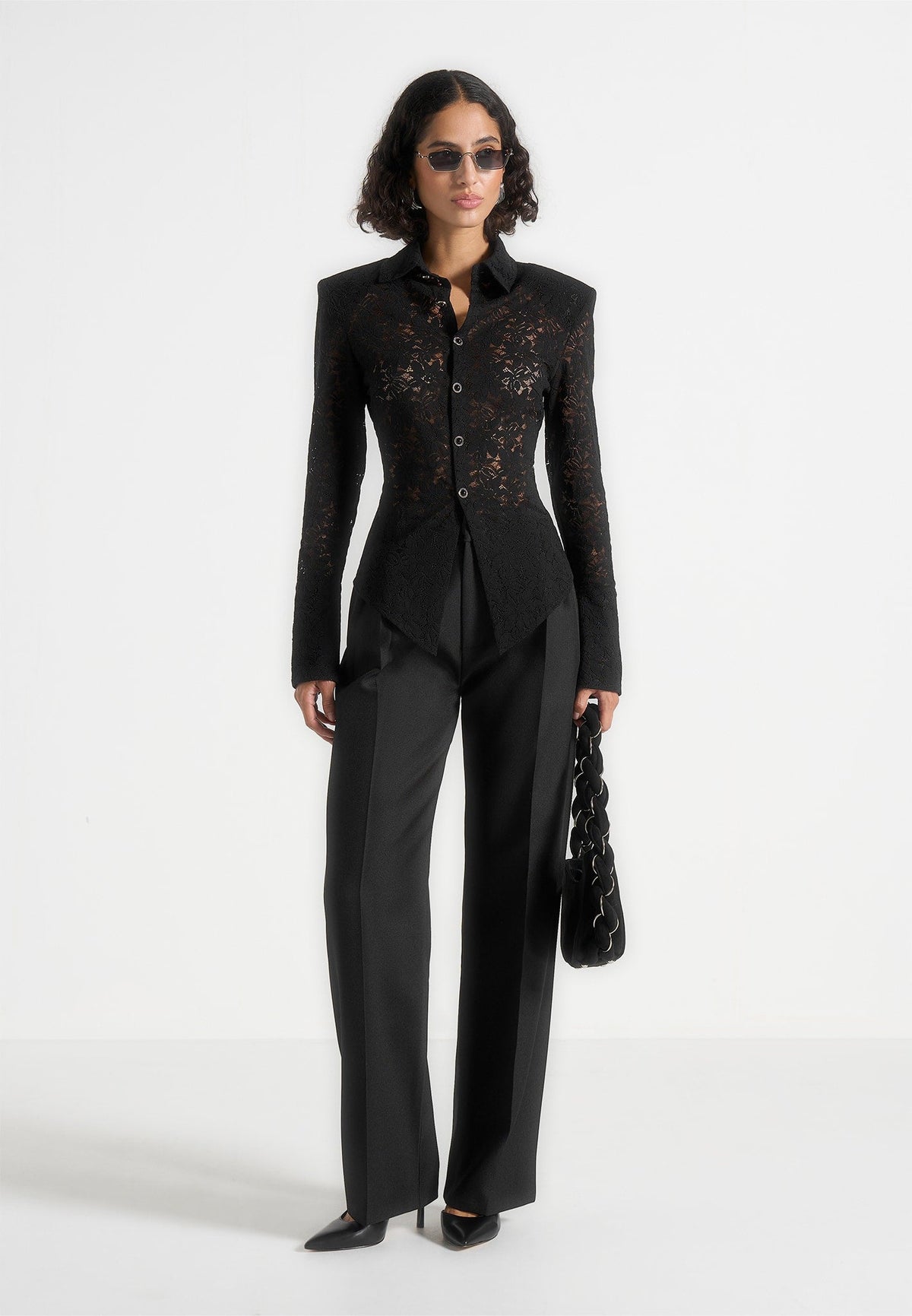 Sila - Wide Shoulder Lace Angled Shirt - Black