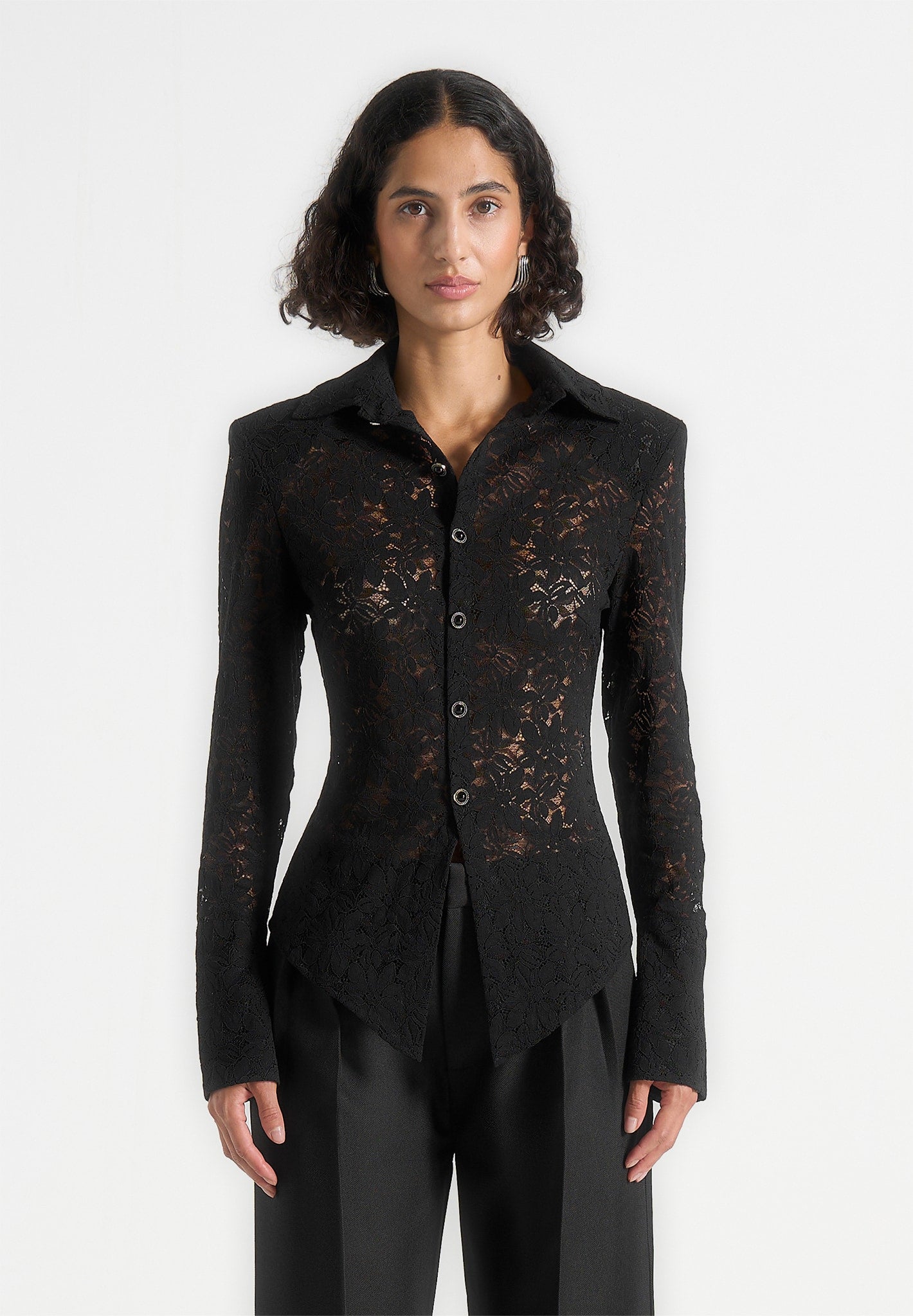 Sila - Wide Shoulder Lace Angled Shirt - Black