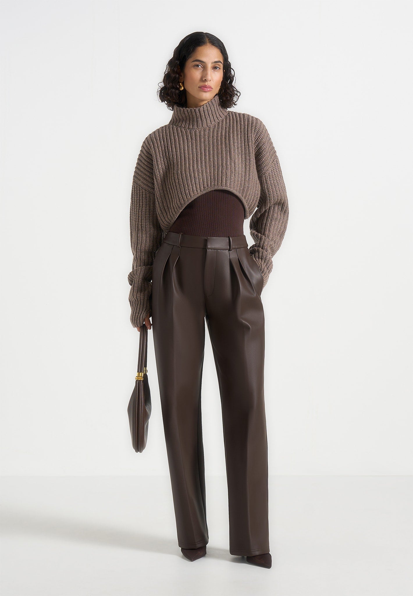 Julie - Leather Twin Pleat Trousers - Brown 