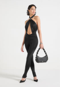Twist Halterneck Ruched Jumpsuit - Black