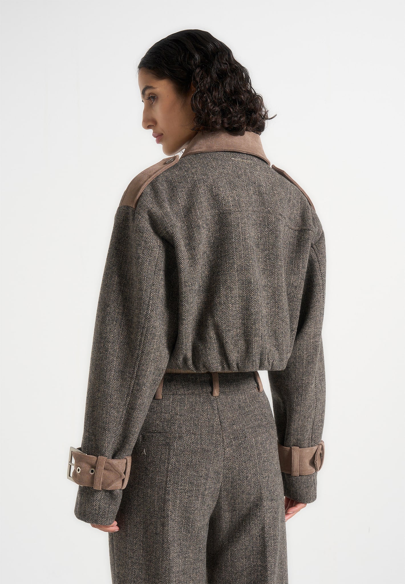 Galia - Herringbone and Suede Bungee Hem Jacket - Grey