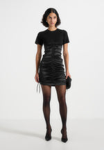 Ruched Satin T-Shirt Dress - Black