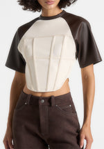 Juline - Leather Corset T-Shirt - Cream/Brown