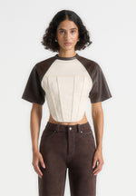 Juline - Leather Corset T-Shirt - Cream/Brown