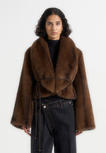 Nola - Fur Shawl Jacket with Leather Belt - Brown
