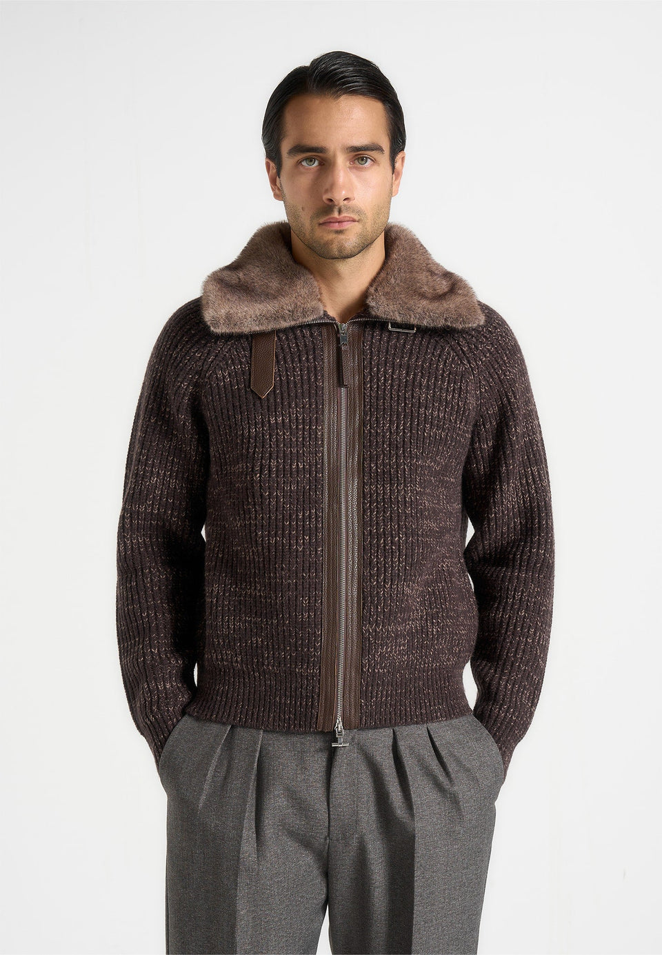 ariel-unisex-plush-collar-speckled-knit-jacket-brown