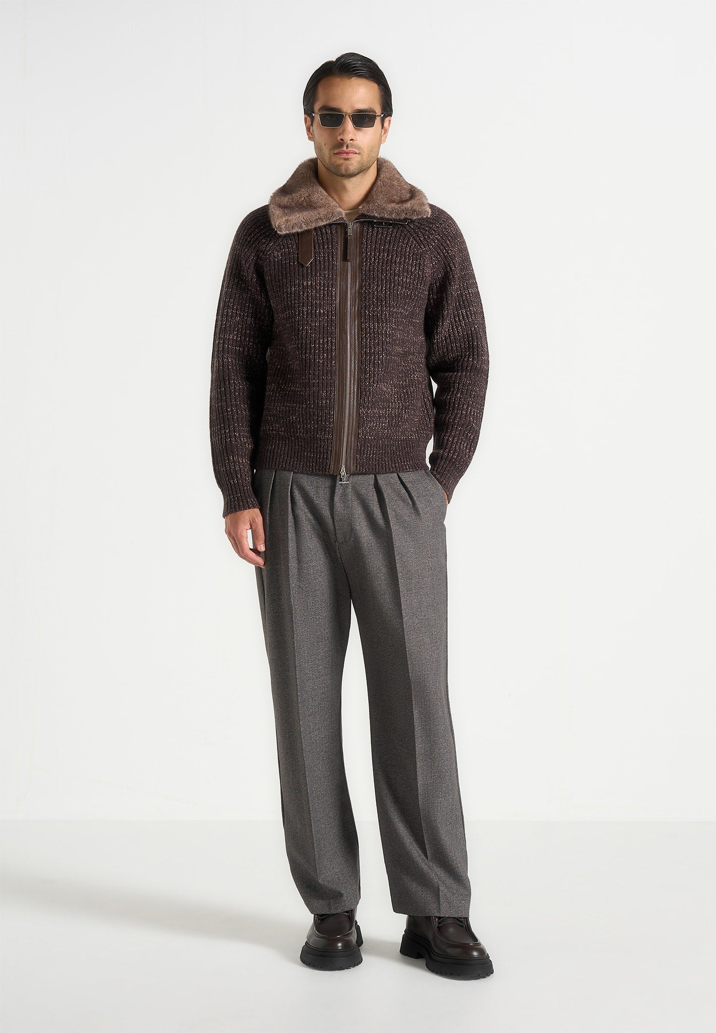 ariel-unisex-plush-collar-speckled-knit-jacket-brown