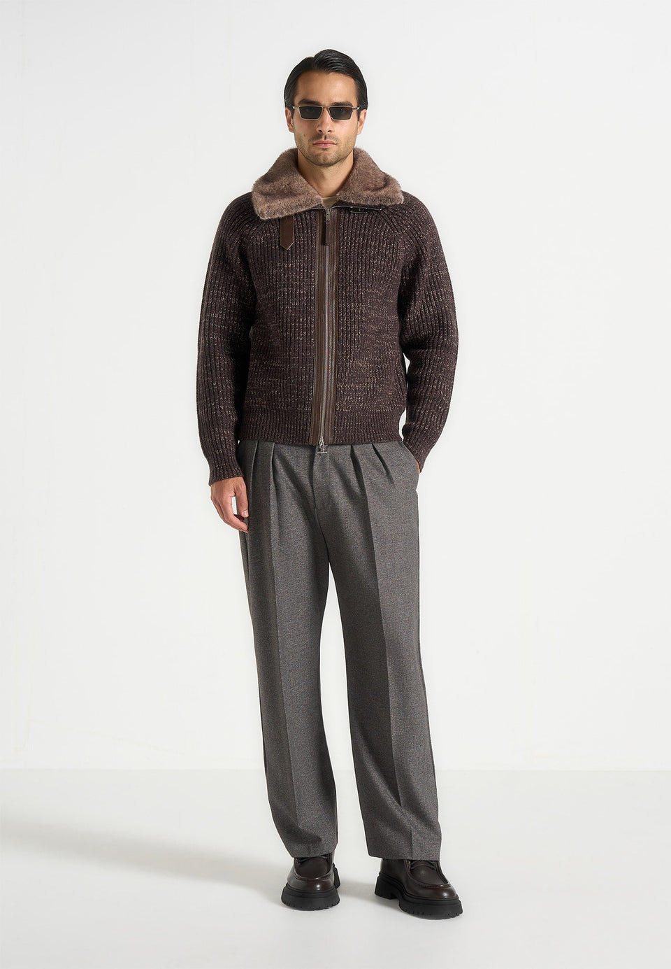 ariel-unisex-plush-collar-speckled-knit-jacket-brown
