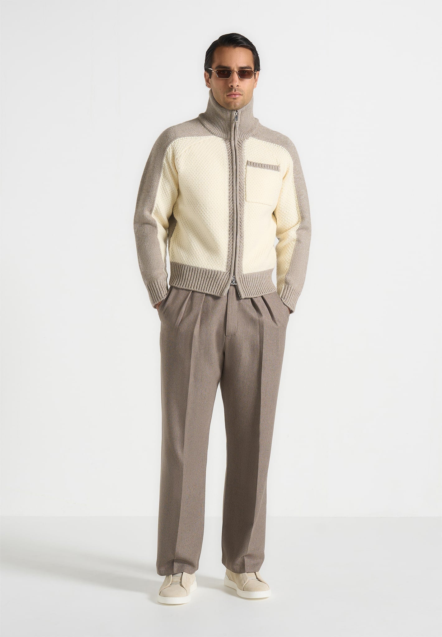 Rene - Colour Block Zip Through Cardigan - Cream/Beige 