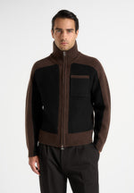 Rene - Colour Block Zip Through Cardigan - Black/Brown